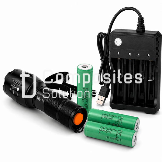 2x cells Li-ion Rechargeable Samsung 18650-25R Top button Battery containted BMS with Multi-Slot USB- Battery Charger zoomable flashlight.