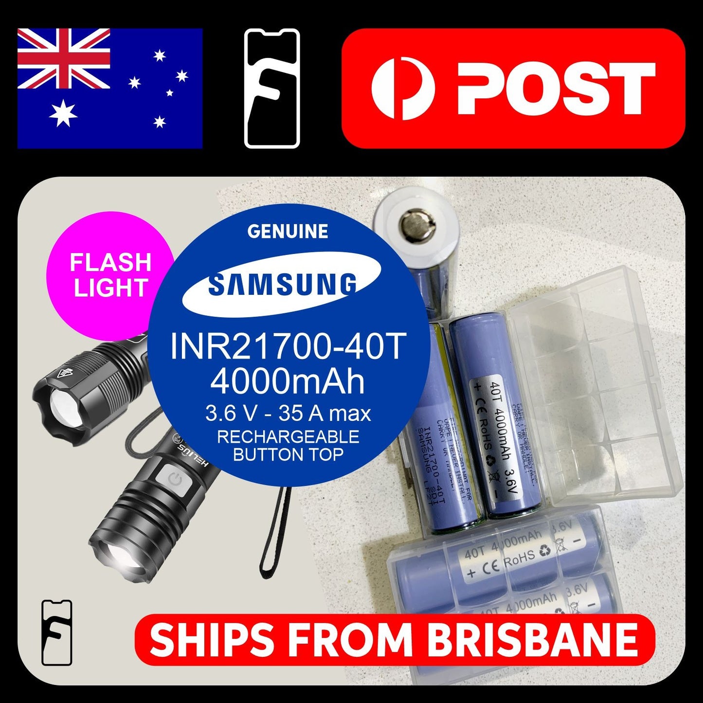 COMBO 21700 li-ion tactical USB-C aluminum case Flashlight + 2x Li-ion Samsung INR 21700-40T