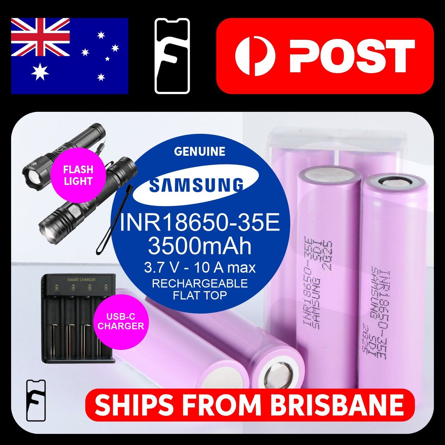 COMBO 18650 li-ion aluminum case Flashlifght + smart USB Charger + 2x Li-ion Samsung INR 18650-35E