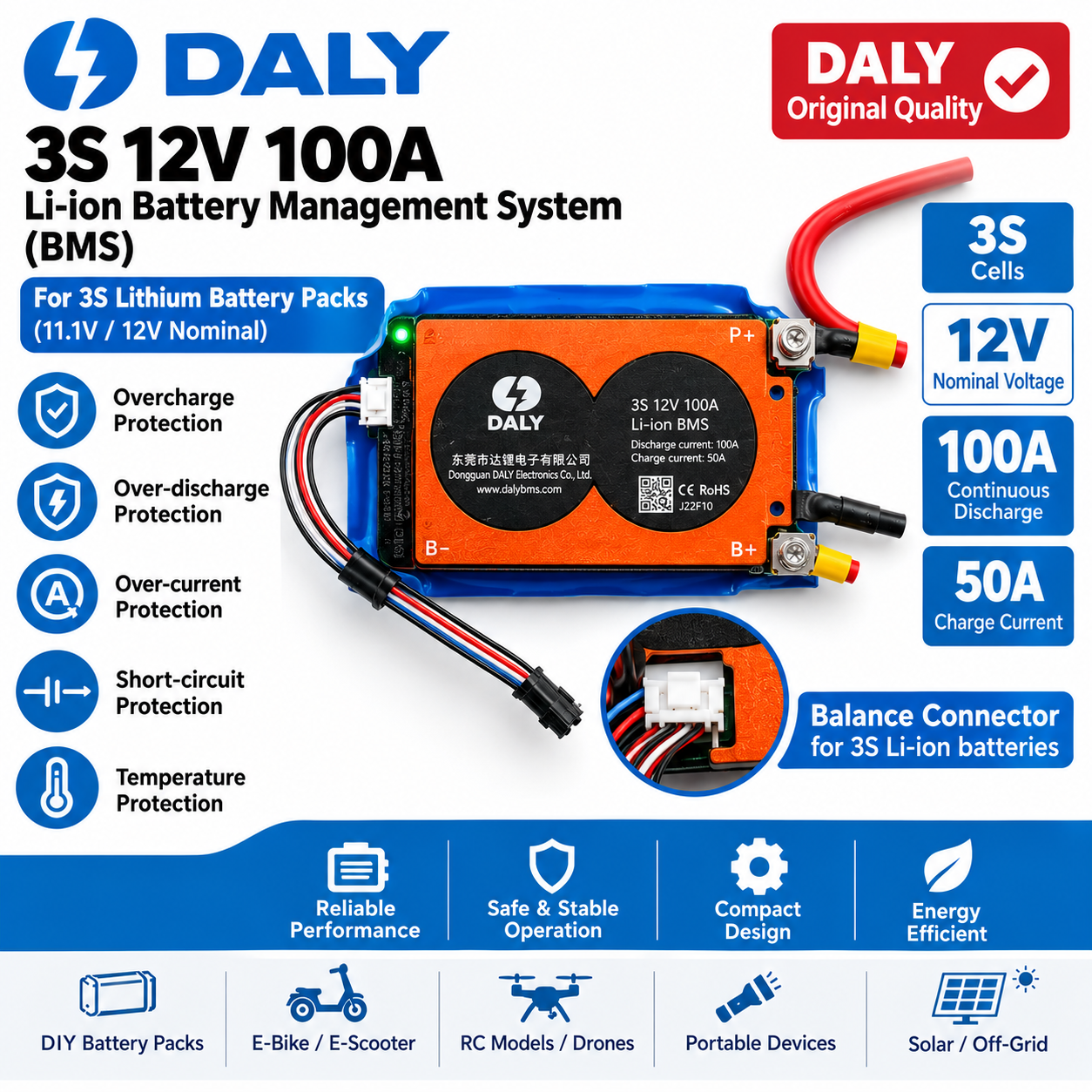 Daly Smart BMS K Type 100A 3S- 12V/E-bike CAN/RS485 Optional