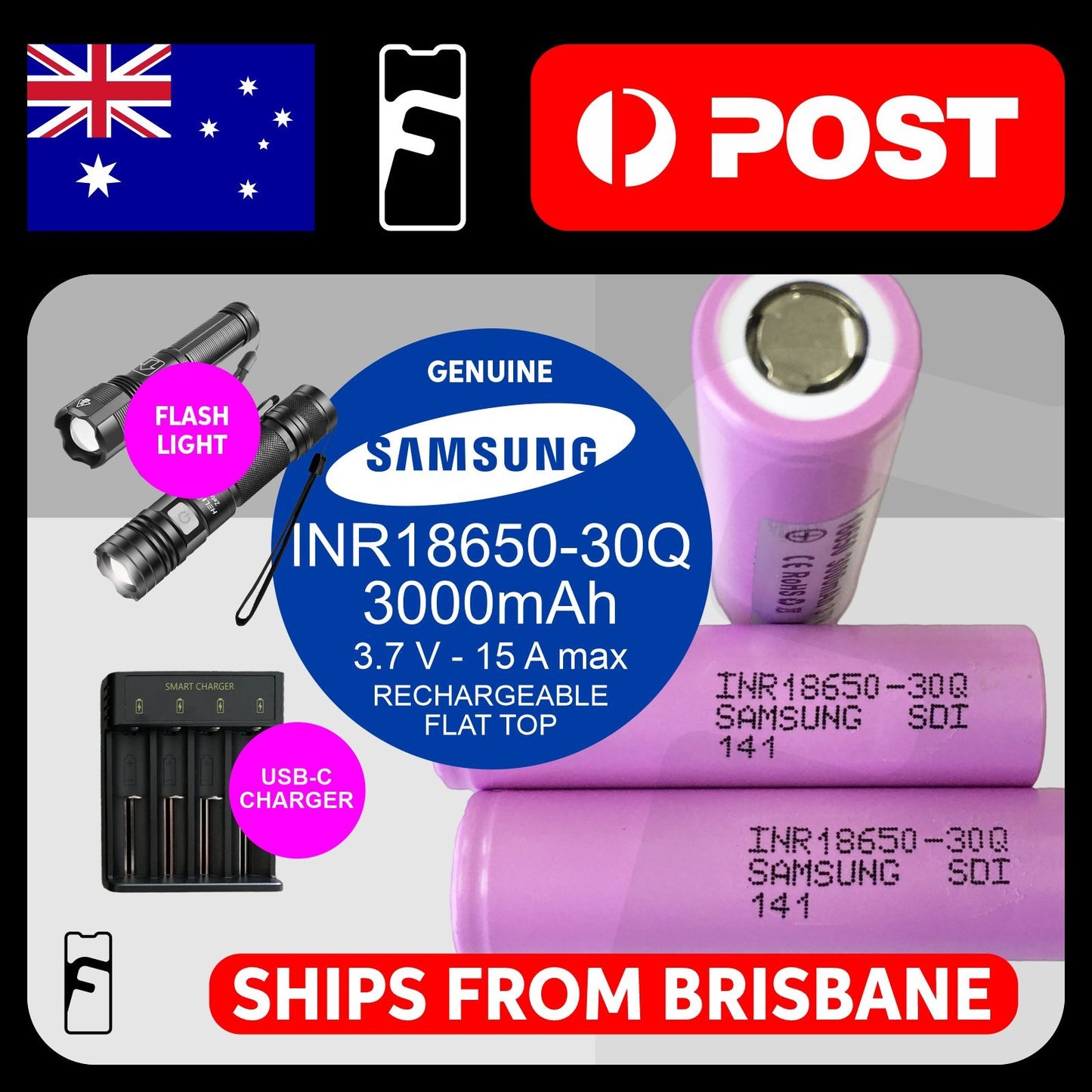 2x 30Q samsung Li-ion batteries with 4slotes smart charger and aluminum case flashlight