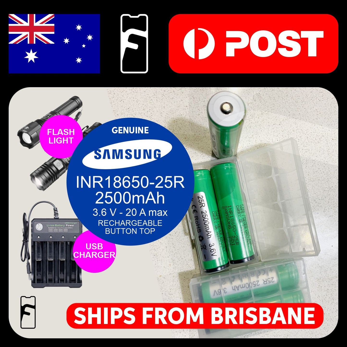 COMBO Flashlifght+Charger+ 1x Li-ion Samsung INR 18650-25R Button Top