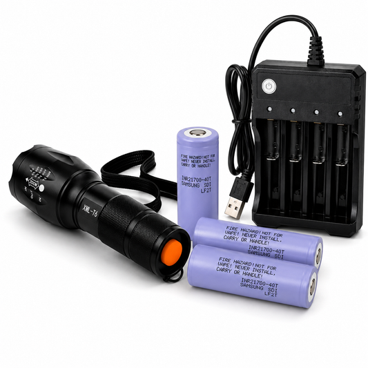 2x cells Li-ion Rechargeable Samsung 21700-40T Top button+ zoomable flashlight + Multi-Slot USB- Battery Charger