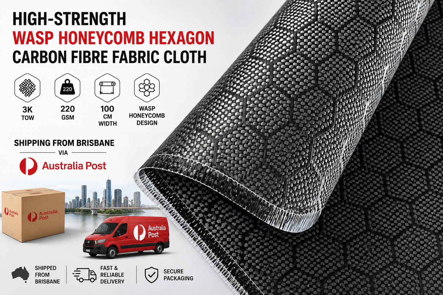 Wasp Honeycomb Hexagon Carbon Fiber Fabric Cloth width 100cm, 3k, 220gsm