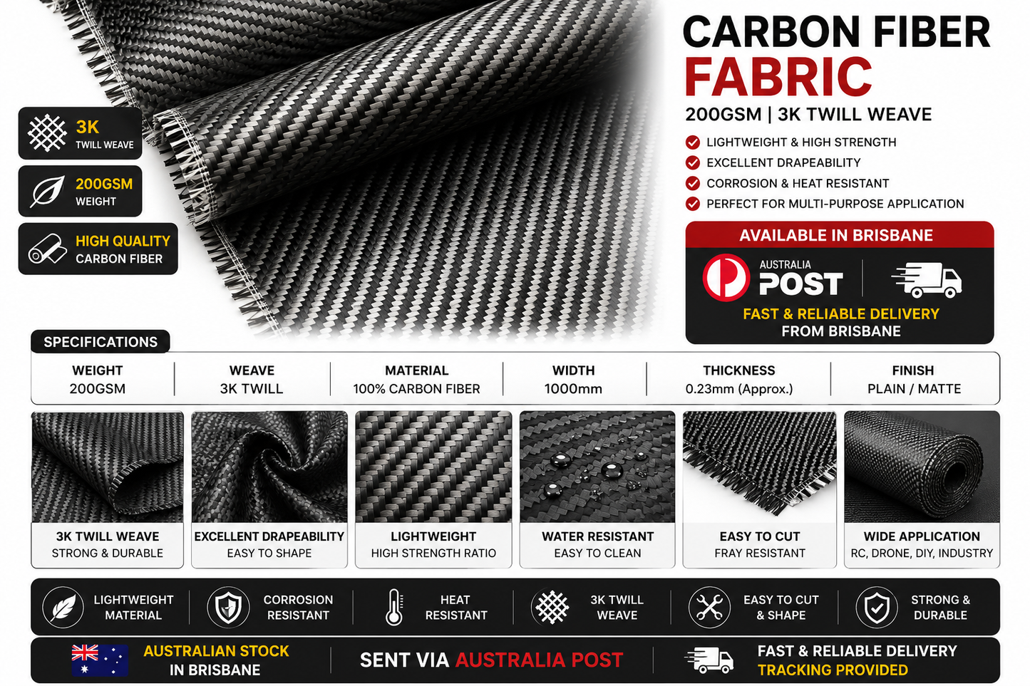 Twill Carbon Fiber Cloth Fabric 2x2 Twill 200g / Sqm,3k,  Width 100cm