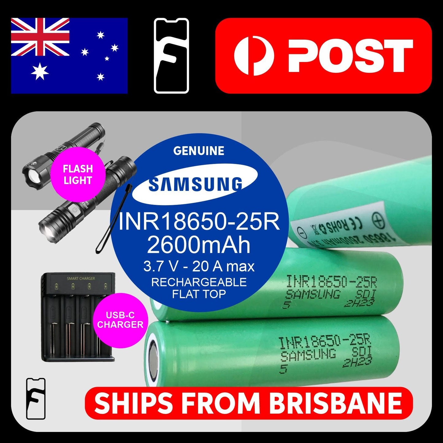 2x Samsung INR 18650-25R, Capacity 2500mAh+with Multi-Slot USB- Battery Charger + zoomable flashlight .