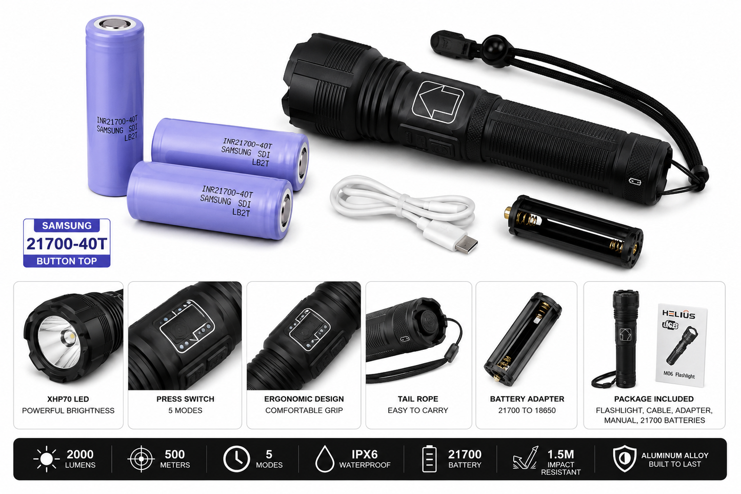Combo 2x Samsung 21700-40T Button top with aluminum flashlight