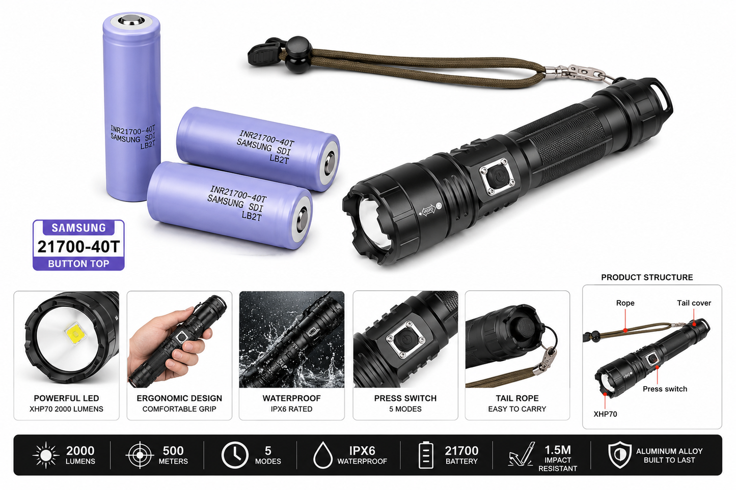 Combo 2x Samsung 21700-40T Button top with aluminum water prove flashlight