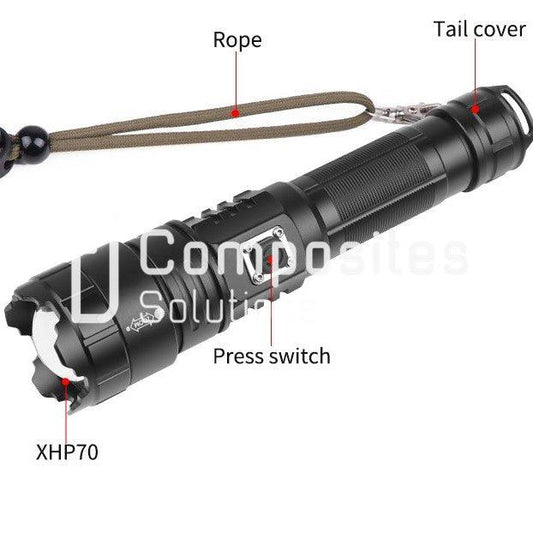 Rechargeable USB LED Zoomable Flashlight, 2000 lumens, using Li-ion 21700 Battery including (Samsung T40)